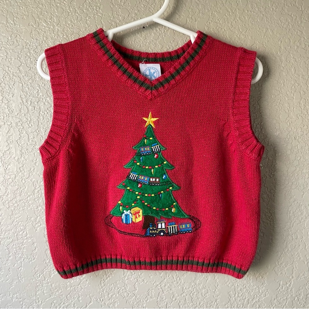 Vintage 90s Baby Boy 18M Red Holiday V Neck Pullover Christmas Tree Sweater Vest